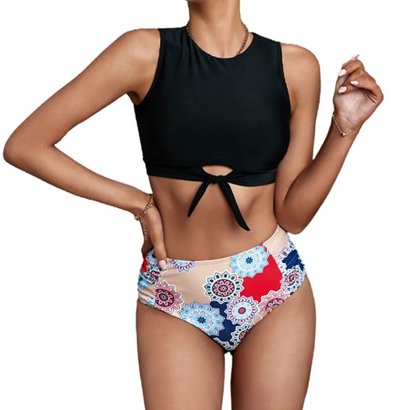 Balasami Women's Cut Out Tie Knot Front Scoop High Neck Tank Crop Top Bikini Swimsuit Top Only Black - Image 5